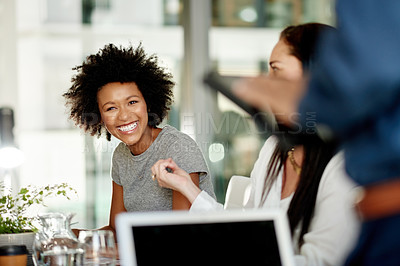 Buy stock photo Office, happy and business people in meeting for planning, strategy and discussion in boardroom. Professional, teamwork and worker in presentation for feedback, project report and collaboration