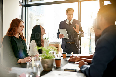 Buy stock photo Boardroom, group and man with tablet, talking or new ideas for funding opportunity or communication. Office, people and account manager with tech for investment strategy, meeting and business growth