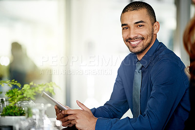 Buy stock photo Portrait, employee and man with tablet, office or positive attitude for wealth management and space. Happy, financial advisor and person with tech for investment opportunity, ambitious and confident