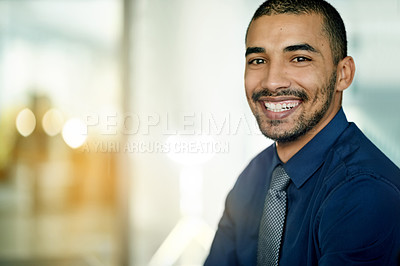 Buy stock photo Portrait, confident and man with smile, office or positive attitude for wealth management and space. Happy, financial advisor and opportunity for business growth, employee and career development