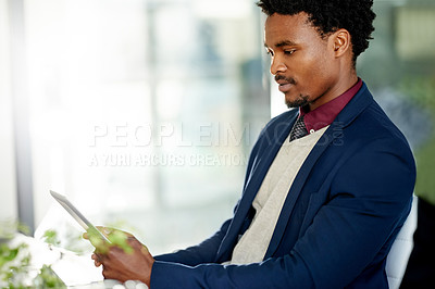 Buy stock photo Business, black man and reading on tablet in office for accounting, finance report and review budget. Male person, digital and research for financial agenda, audit information and investment proposal