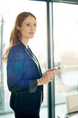 Buy stock photo Smile, thinking and woman in office with tablet, online scroll and meeting schedule for client. Productive, digital and consultant in agency with tech, presentation prep and update on virtual app.