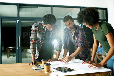 Buy stock photo Architecture, office and people with blueprint in meeting for design, floorplan and building project. Creative team, lens flare and workers with tablet for planning, layout and renovation at night