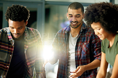 Buy stock photo Meeting, teamwork and business people in office with planning for creative project in collaboration. Discussion, lens flare and journalists with conversation for article with publishing in workplace.