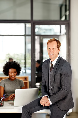 Buy stock photo Portrait, leader and man with smile, office or ambitious for career growth, accountant and employee. People, together and bookkeeper with positive mindset, happy or confident for business development