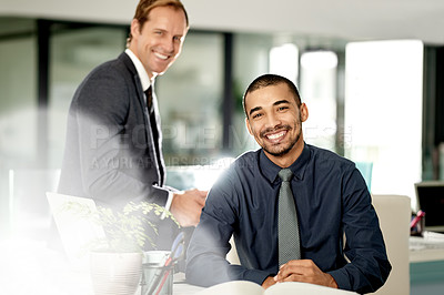 Buy stock photo Man, portrait and smile at law firm, team and pride for legal consulting services at office. People, partnership and corporate lawyer with collaboration, confident and happy in workplace at agency