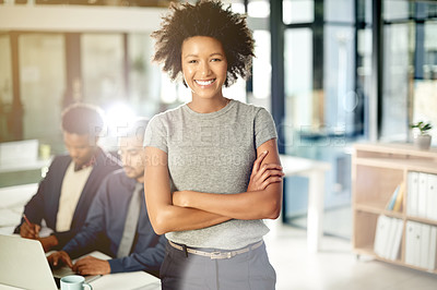 Buy stock photo Corporate, portrait and woman with arms crossed, business and pride for career growth or leadership. Flare, account manager and confident for investment opportunity, employee and people with tech