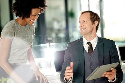 Buy stock photo Business, tablet and man with woman in meeting for financial review, budget planning and strategy. Office, teamwork and workers on digital tech for proposal feedback, finance report and advice