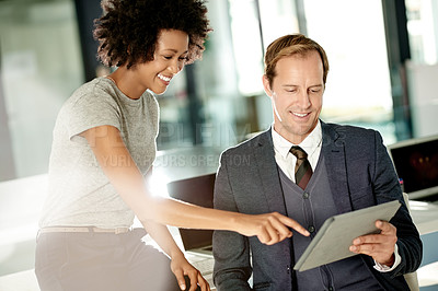 Buy stock photo Manager, tablet and business people in office pointing for financial review, budget planning and strategy. Flare, teamwork and workers on digital tech for proposal feedback, finance report and advice