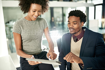 Buy stock photo Business, meeting and people in office on tablet for financial review, budget planning and strategy. Professional, teamwork and workers on digital tech for proposal feedback, finance report or advice