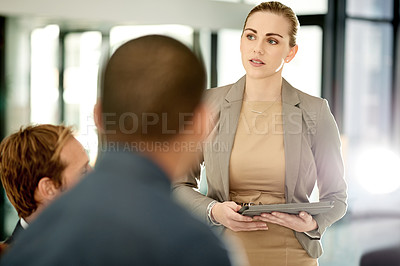 Buy stock photo Lawyer, meeting and woman on tablet in office for discussion, consulting and legal advice for case. Corporate, professional and person with attorney team for feedback, proposal or planning for trial