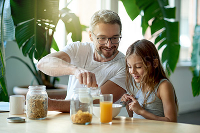 Buy stock photo Happy, mature father and daughter in house with breakfast, bonding or support in morning routine. Smile, healthy relationship or family in kitchen with ingredients, help or connection on start of day
