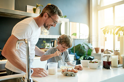 Buy stock photo Baking, bonding and dad with child in kitchen in home with learning, fun and activity together. Connection, flour and father with boy kid for cooking recipe in morning for weekend hobby in house.
