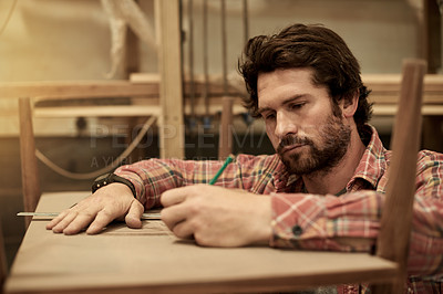 Buy stock photo Carpenter, pencil and man in workshop for furniture, manufacturing and lumber production. Artisan, craftsmanship and carpentry with tools for planks, timber and woodwork building or restoration