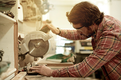 Buy stock photo Carpenter, saw and man in workshop for furniture, manufacturing and timber production. Artisan, craftsmanship and carpentry tool with machine for small business, lumber and woodwork or restoration