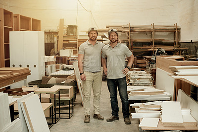 Buy stock photo Furniture, carpenter and team with portrait of men in warehouse for woodwork, manufacturing or artisan project. Partnership, joinery studio and craftsman production with people for small business