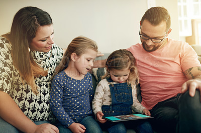 Buy stock photo Happy people, parents and children on couch with tablet, playing and interaction for educational game. Smile, pregnant mother or family in home with tech, connection and digital app in living room.