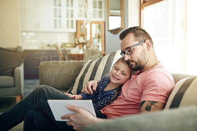 Buy stock photo Entertainment, dad and child on sofa with tablet, streaming cartoon and family bonding on weekend. Mature man, girl and watching movie in home with tech for subscription app, love and care in support