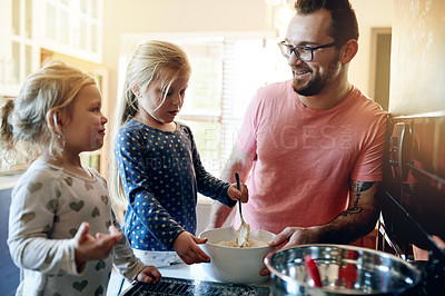 Buy stock photo Father, children and teaching to bake in kitchen, help and bonding together with family. Happy kids, dad and mix flour with parent in home, learning recipe and cooking for development with girls