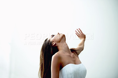 Buy stock photo Mockup, space or woman in studio for dancing craft, creative expression and grace. Hobby, practice or female dancer looking up with elegance and art for skills, body or wellness on white background