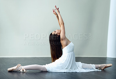 Buy stock photo Space, split or woman in studio for ballet dance, creative ballerina or training. Art, arms raised or flexible dancer in routine with elegance, balance or talent for exercise, body or energy