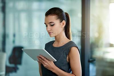 Buy stock photo Finance, office or businesswoman on tablet for reading budget, risk assessment or research. Financial advice, review and investment banker with technology for accounting, economy news and payroll