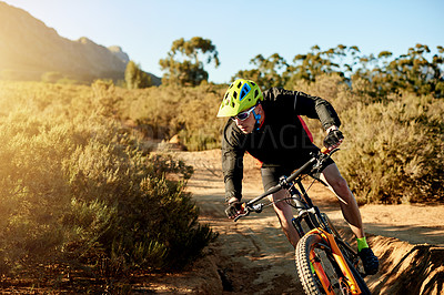 Buy stock photo Mountain bike, training and man with challenge, travel and environment with competition. Person, adrenaline or cyclist with hobby, fitness or wellness with adventure, journey or nature with energy