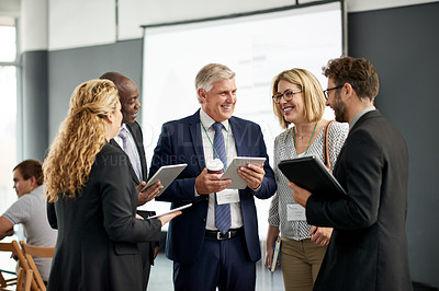 Buy stock photo Tablet, meeting and business people in office, conversation and financial agency with stock market exchange. Discussion, men and women in workplace, tech or feedback for funding proposal or trading