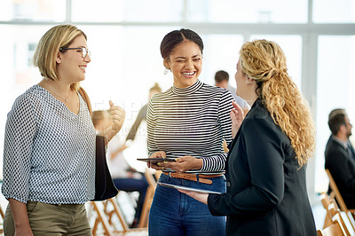 Buy stock photo Business women, meeting and conference for funny joke, planning and insurance review on tablet. Team, seminar and conversation with technology at workshop for policy, feedback and laugh in office