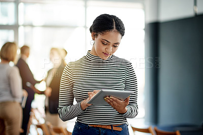 Buy stock photo Event, employee and woman with tablet, press and proofreading article on website, browse and online. Workshop, reporter and person with tech for story, editing or review of info, scroll and creative