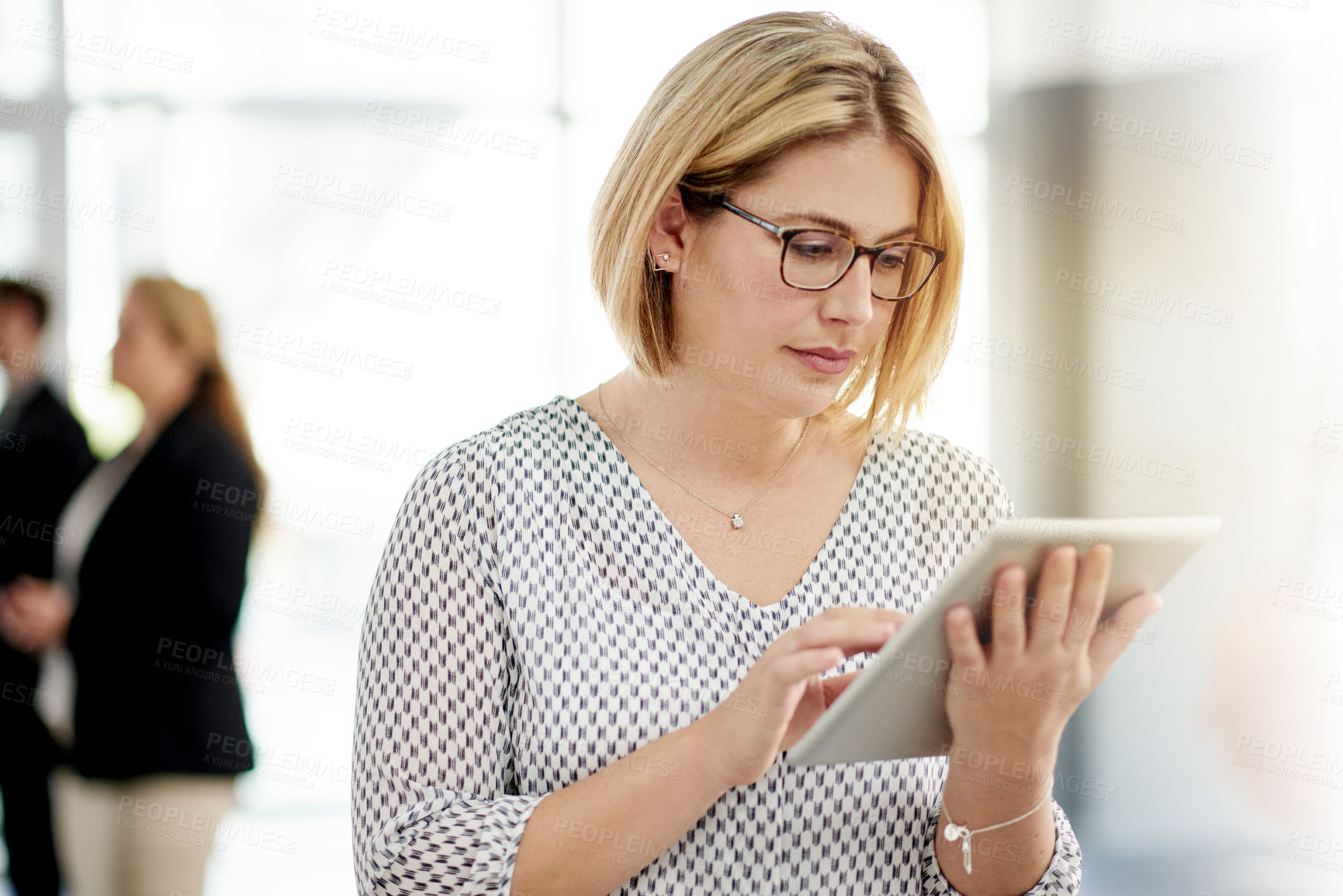 Buy stock photo Business, tablet and woman in office, internet and copywriting with creative agency. Person, tech and journalist in workplace, submission and email for story publication, magazine website and editor