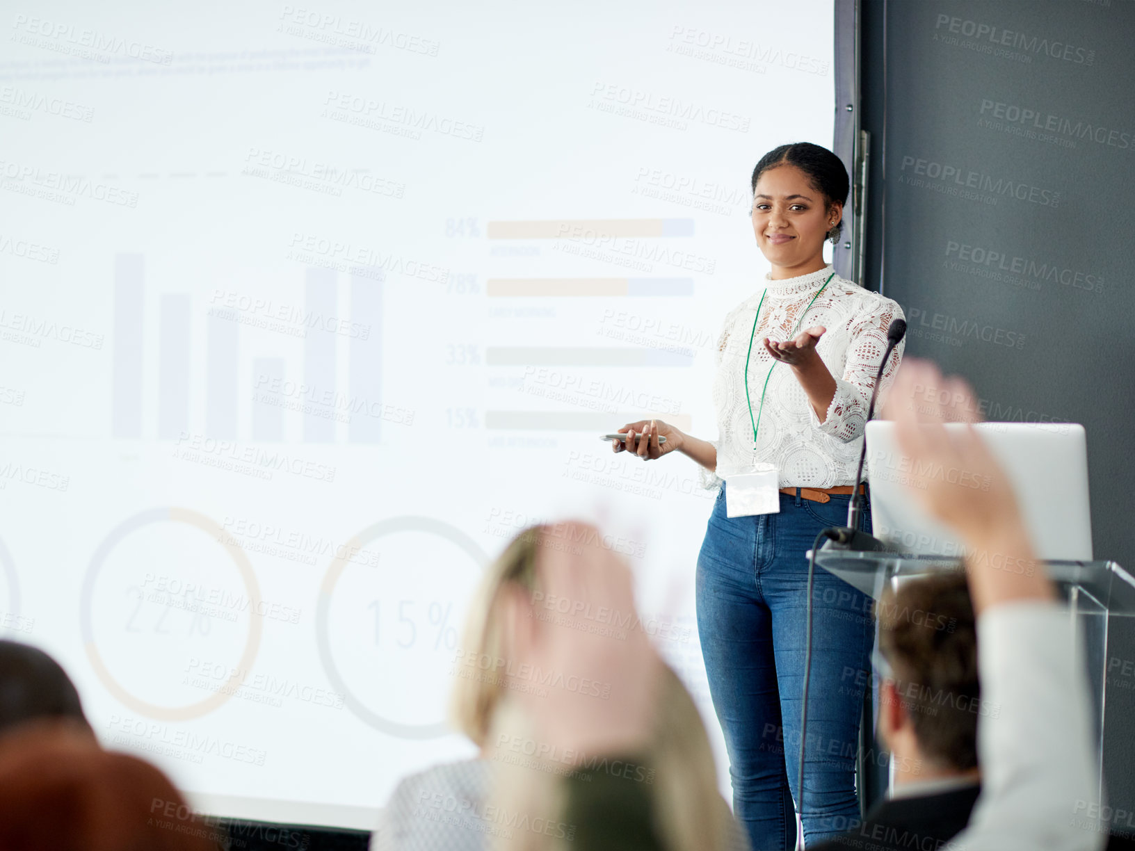 Buy stock photo Seminar, speaker and woman with smile, questions and data analysis for market research and audience. Presentation, graphs and employee with info for training session, group and happy with strategy