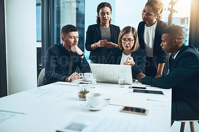 Buy stock photo Business people, meeting and discussion with laptop in office for report, analysis or project. Accounting, employees and feedback with tech for brainstorming, planning or proposal for insight