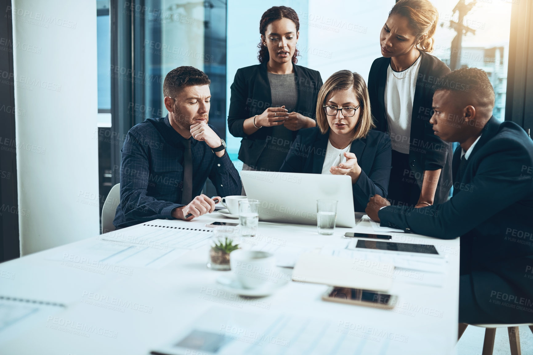 Buy stock photo Business people, meeting and discussion with laptop in office for report, analysis or project. Accounting, employees and feedback with tech for brainstorming, planning or proposal for insight