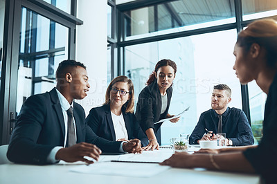 Buy stock photo Business people, meeting or pitch idea with documents for strategy, insurance proposal or policy. Paperwork, planning or happy employee in office with team, liability management or corporate solution