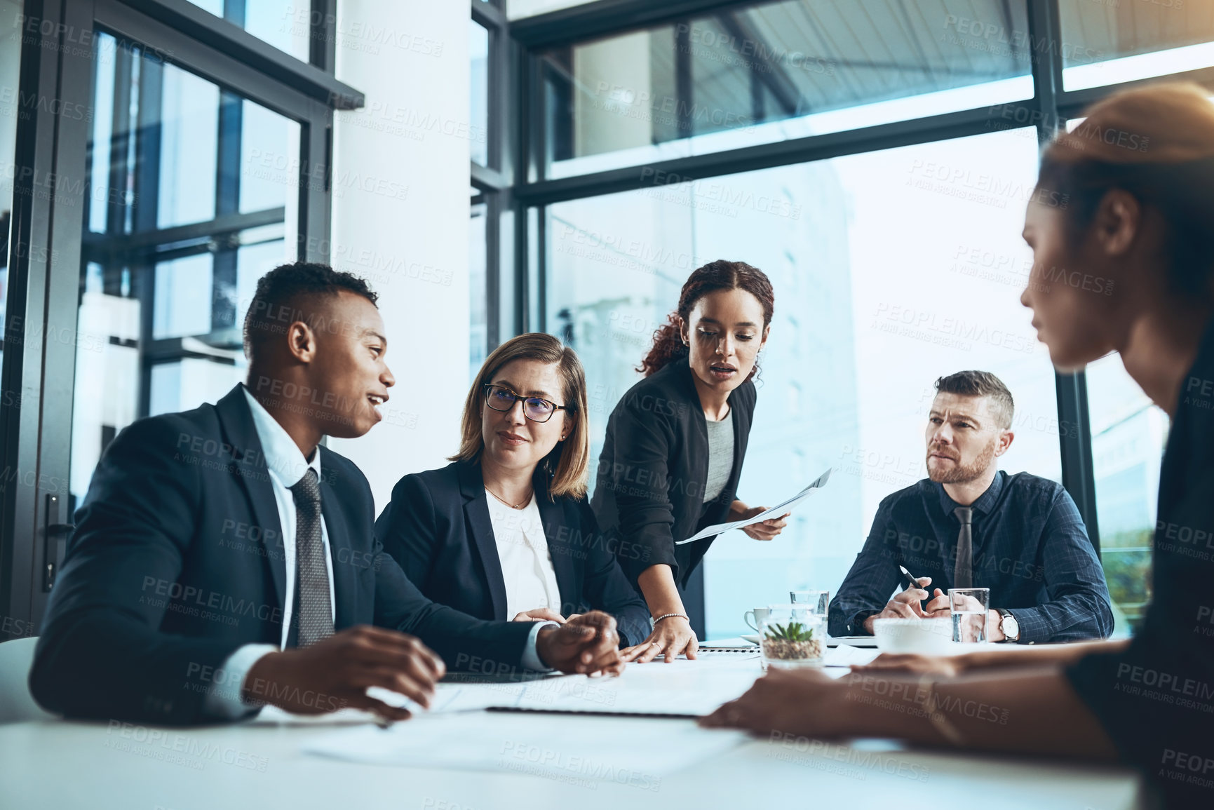 Buy stock photo Business people, meeting or pitch idea with documents for strategy, insurance proposal or policy. Paperwork, planning or happy employee in office with team, liability management or corporate solution