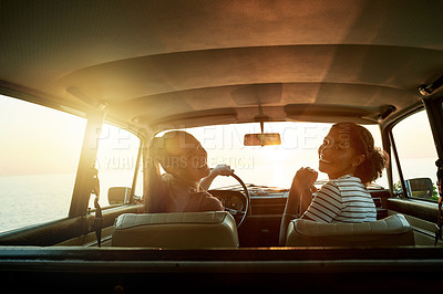 Buy stock photo Road trip, happy and portrait of women in car for bonding on holiday, vacation and adventure. Travel destination, friends and people in vehicle for transport, journey and getaway on weekend together