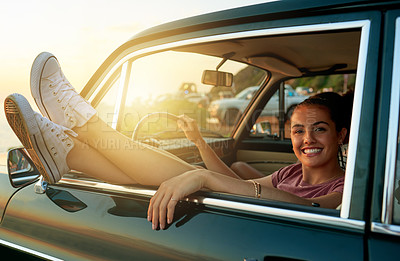 Buy stock photo Happy woman, portrait and relax with car for sunset view, road trip vacation or sightseeing holiday. Female person, driver and smile with window or stop for weekend getaway, travel or outdoor journey