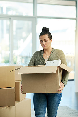 Buy stock photo Sad, woman and boxes in home, moving or preparing for eviction, think or financial crisis in lounge. Walking, tenant and person with depression for relocation, notice and disappointed by rent failure