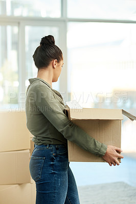 Buy stock photo Home, moving and woman with boxes, walking or prepare for new start, packing or property investment. Relocation, cardboard and milestone for person, flare and approved loan for house and mortgage