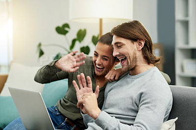 Buy stock photo Wave, sofa and couple on video call with laptop for communication, connection and online chat. Happy, home and man with woman on computer for virtual conversation, greeting and social networking