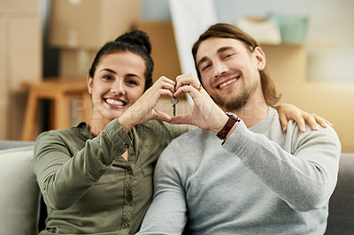 Buy stock photo New house, portrait and couple with hands in heart for property, moving and purchase. Homeowner, real estate and man with woman with love emoji for mortgage, home investment and rental apartment