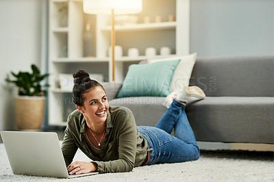 Buy stock photo Laptop, smile and thinking with woman on floor in living room of home for education or study. Computer, idea and learning with happy student on carpet in apartment for development, future or growth