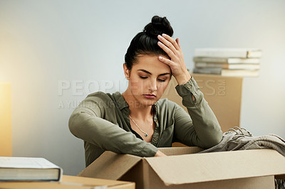 Buy stock photo Woman, stress and box with anxiety for mistake, home repossession or eviction notice. Frustrated, female person or depression for unpaid mortgage debt, lease violation or property inflation in house