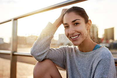 Buy stock photo Portrait, woman and smile for fitness in city of sports exercise, marathon training and workout rest. Female athlete, relax and practice with running competition, cardio progress and recovery outdoor
