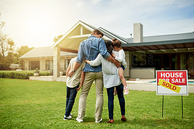 Buy stock photo Purchase, hug and parents with children, new home and milestone for homeowner with property and yard. Outdoor, sold and back for relocation to house, family and people with mortgage for investment