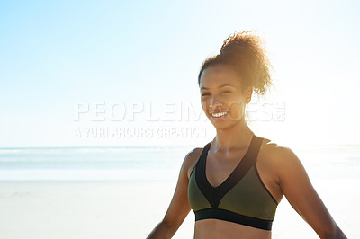 Buy stock photo Portrait, athlete and woman with smile at beach for fitness, exercise and training routine. Happy, person and space with flare for sports workout, cardio challenge and marathon practice in nature