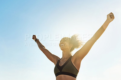 Buy stock photo Freedom, excited or woman outdoor for fitness, success or achievement on mockup space. Happy, exercise or winner in sports challenge with arms up, training target or goal in low angle with sunshine