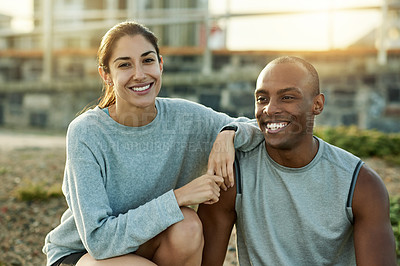 Buy stock photo Couple, portrait and fitness break in city, workout collaboration and sports support in town. People, outdoor rest and training together for wellness, bonding and happy athletes to relax in urban