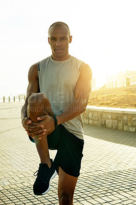 Buy stock photo Fitness, black man and stretching portrait in city to start workout, exercise and cardio in morning. Sunrise, runner and legs warm up outdoor for training preparation, getting ready and performance